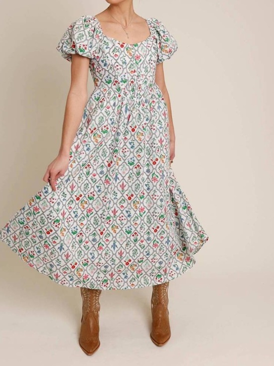 Anthropologie Dresses & Skirts - Anthropologie MOON RIVER Corset Lace Up Floral Midi Dress Puff Sleeve Size S
